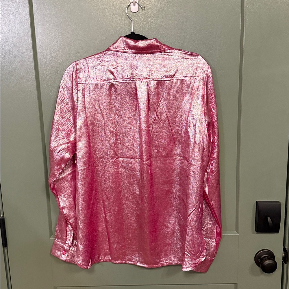 easel Metallic Hot Pink Button-Up Blouse - Picture 4 of 4